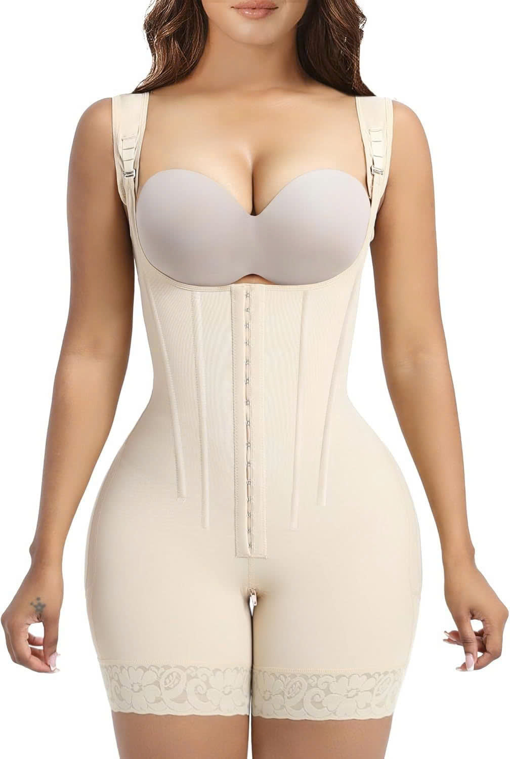 FULL BODY SHAPER WAIST TRAINER WITH ADJUSTABLE STRAPS AND MID-THIGH SHORTS